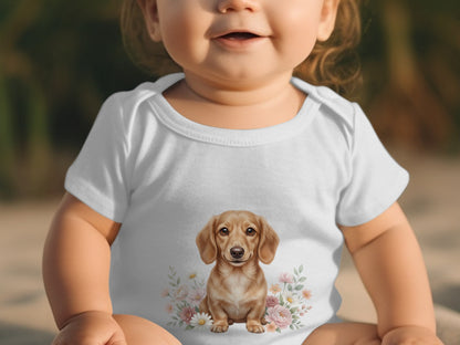 White baby onesie with cartoon dachshund and floral design.
