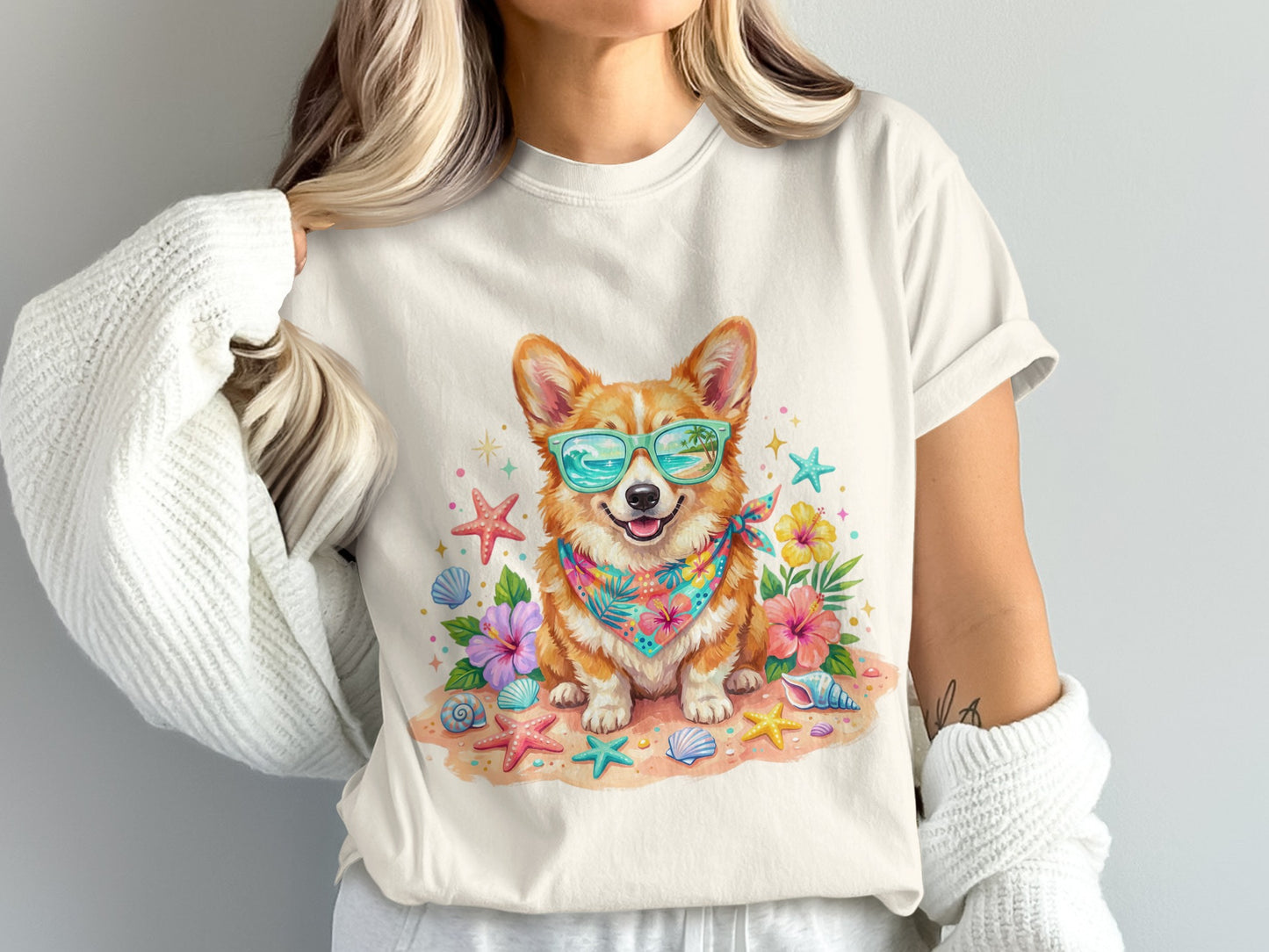 Corgi wearing sunglasses and bandana on sandy beach with seashells and flowers.