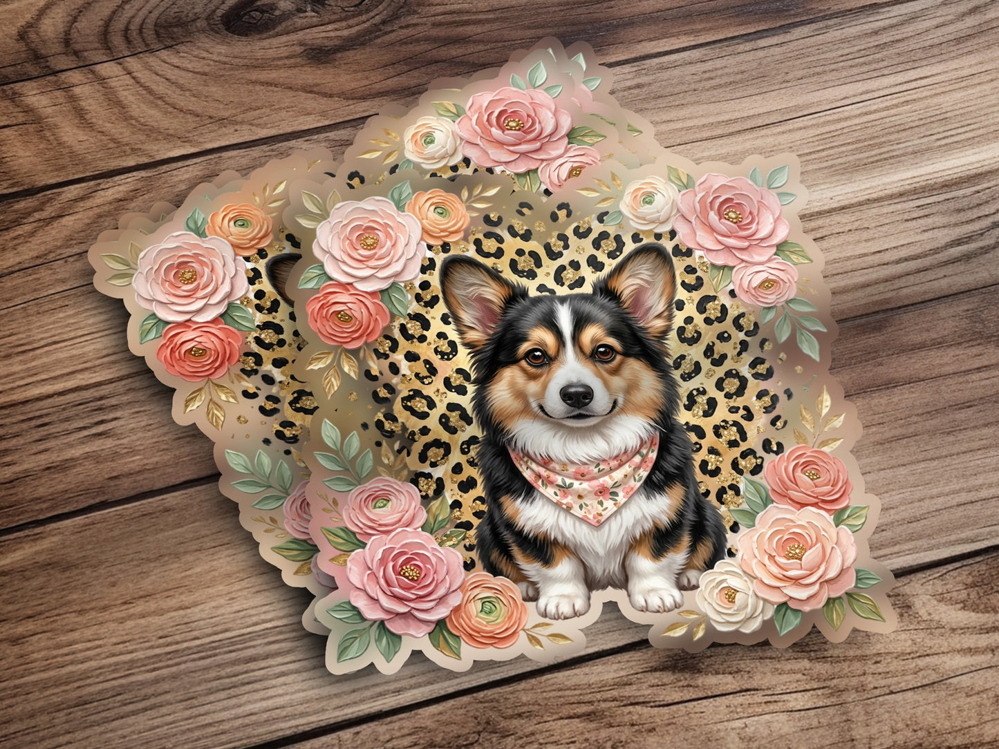 Cute corgi with floral accents on a leopard print background.