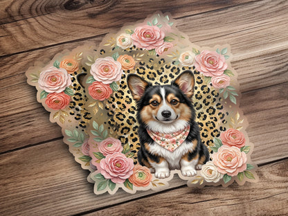 Cute corgi with floral accents on a leopard print background.