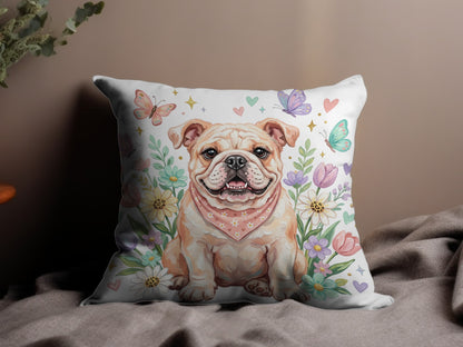 Bulldog wearing a bandana surrounded by flowers and butterflies.