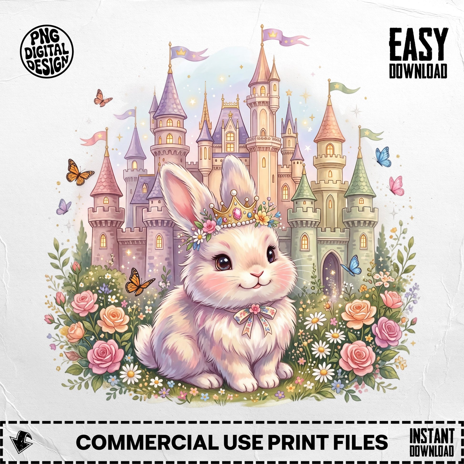 Fluffy bunny with crown in front of a fairy tale castle surrounded by roses.