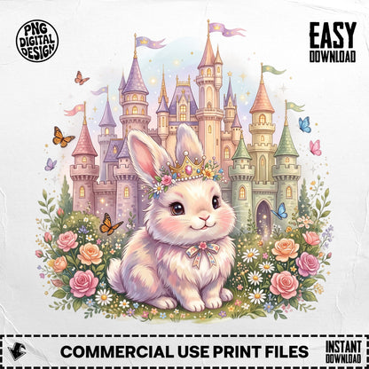 Fluffy bunny with crown in front of a fairy tale castle surrounded by roses.