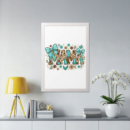 "Mama" text art with cow print and floral accents in a white frame.