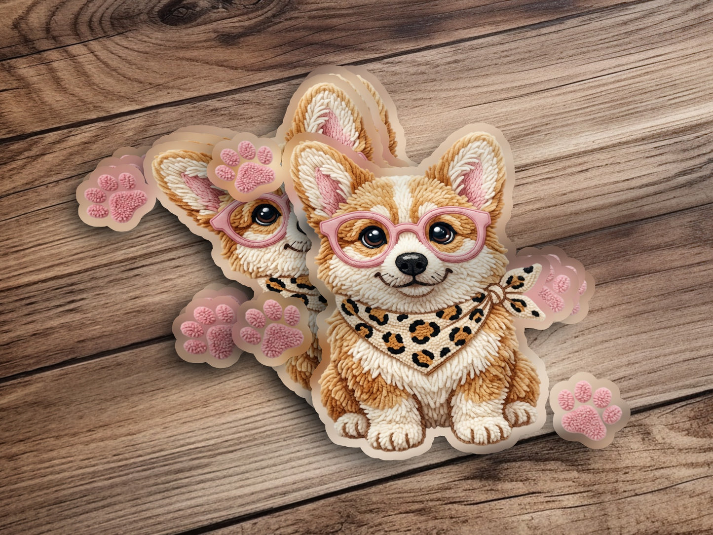 Cute corgi with glasses and leopard print bandana on a wooden background.