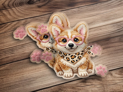 Cute corgi with glasses and leopard print bandana on a wooden background.