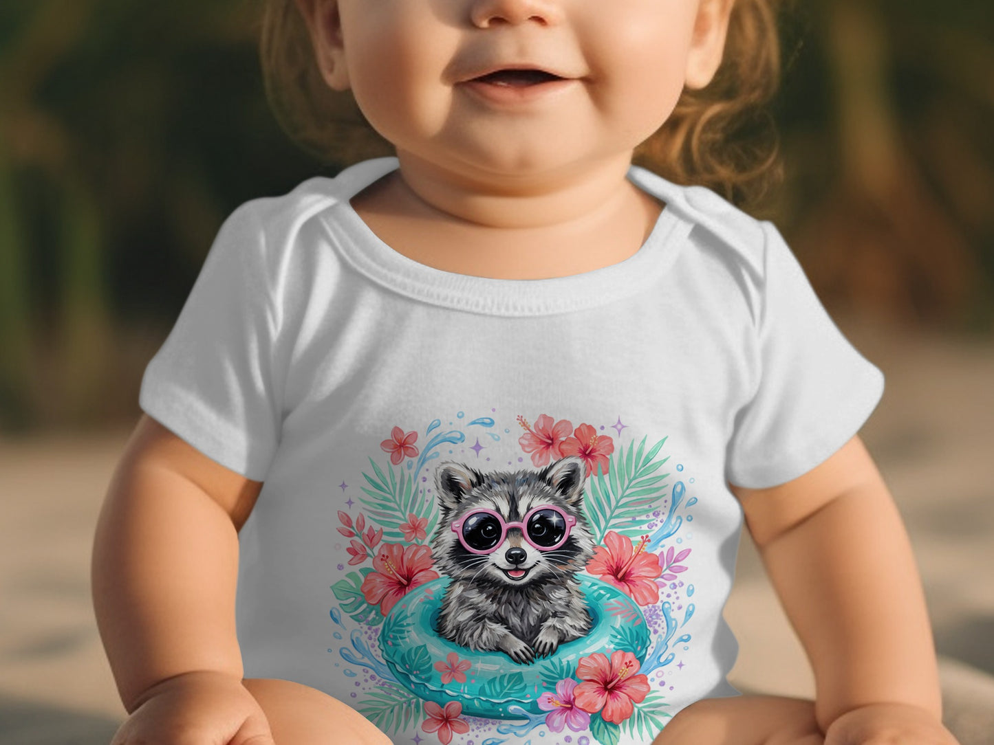 Baby in white onesie with a cartoon raccoon wearing pink sunglasses on a float.