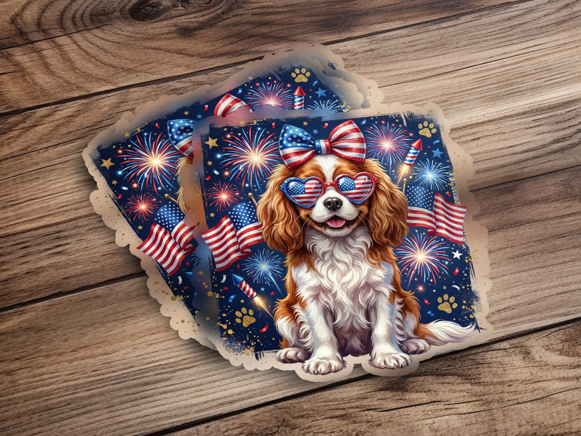 Dog wearing sunglasses and a bow, with fireworks and American flags.