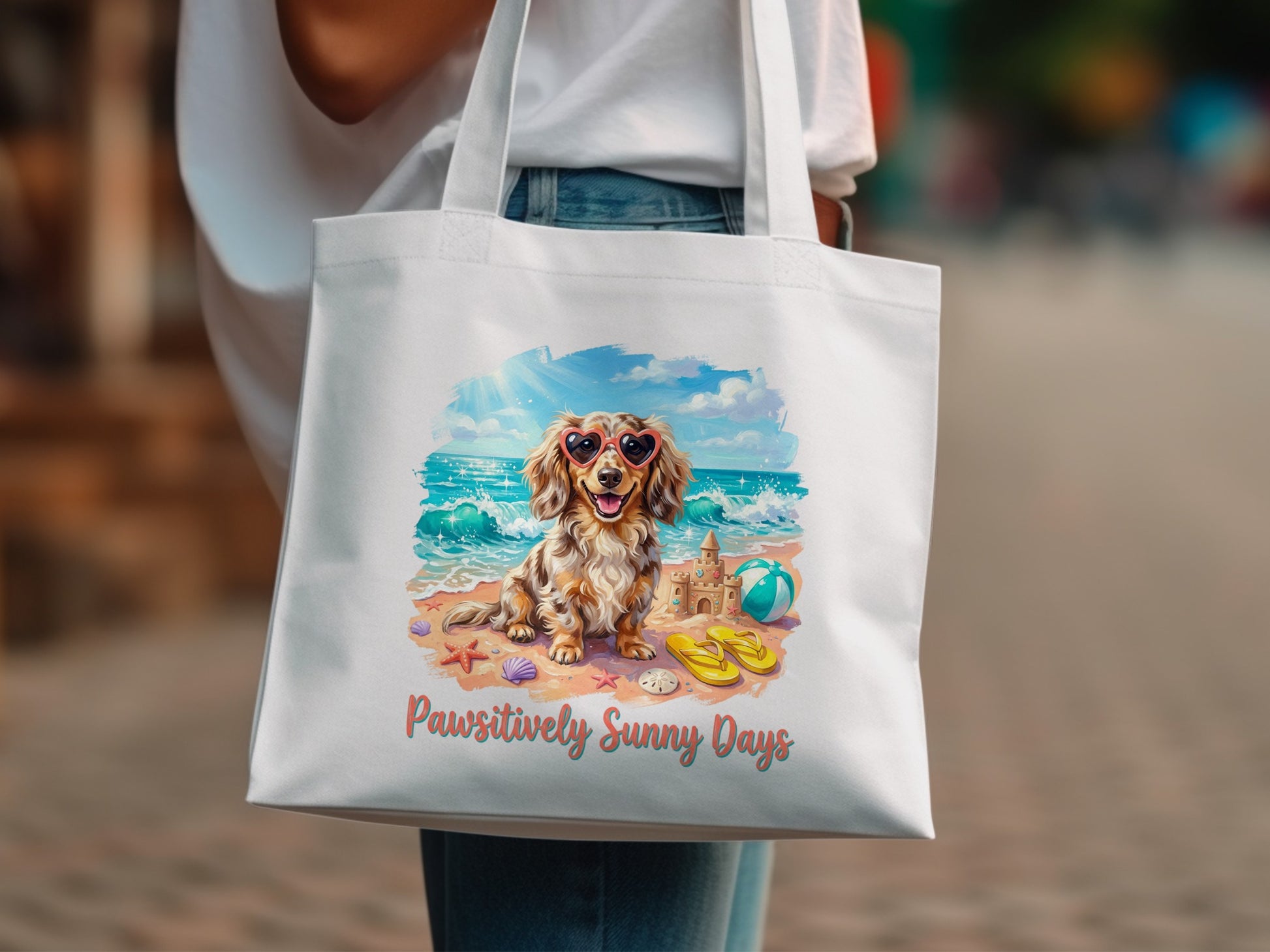 Dachshund wearing heart sunglasses on a beach with "Pawsitively Sunny Days" text.