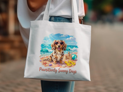 Dachshund wearing heart sunglasses on a beach with "Pawsitively Sunny Days" text.