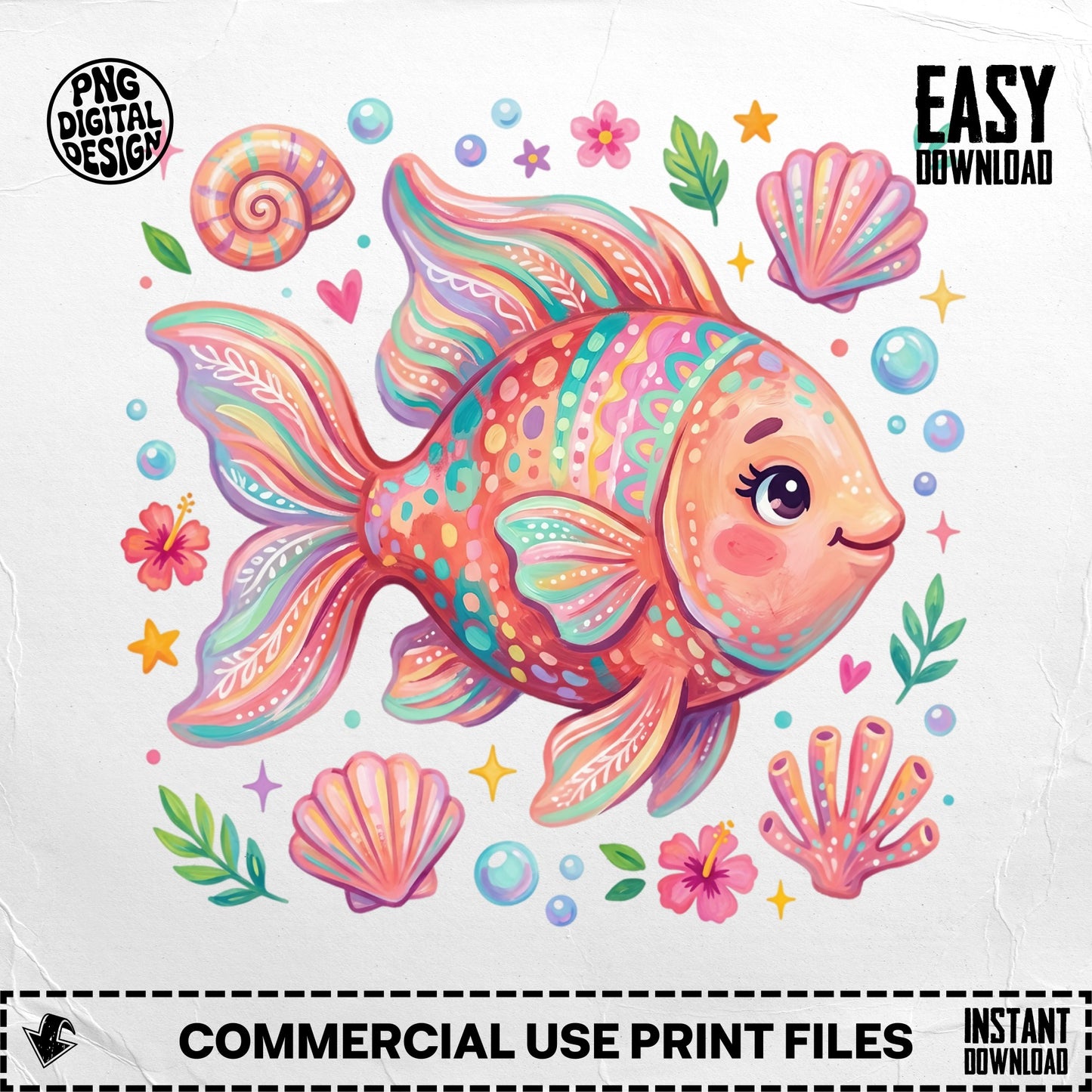 Colorful illustrated fish surrounded by seashells and flowers.