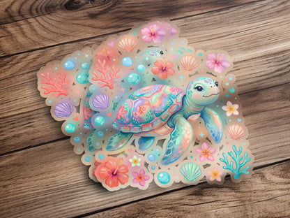 Colorful cartoon sea turtle with shells and coral on a wooden background.