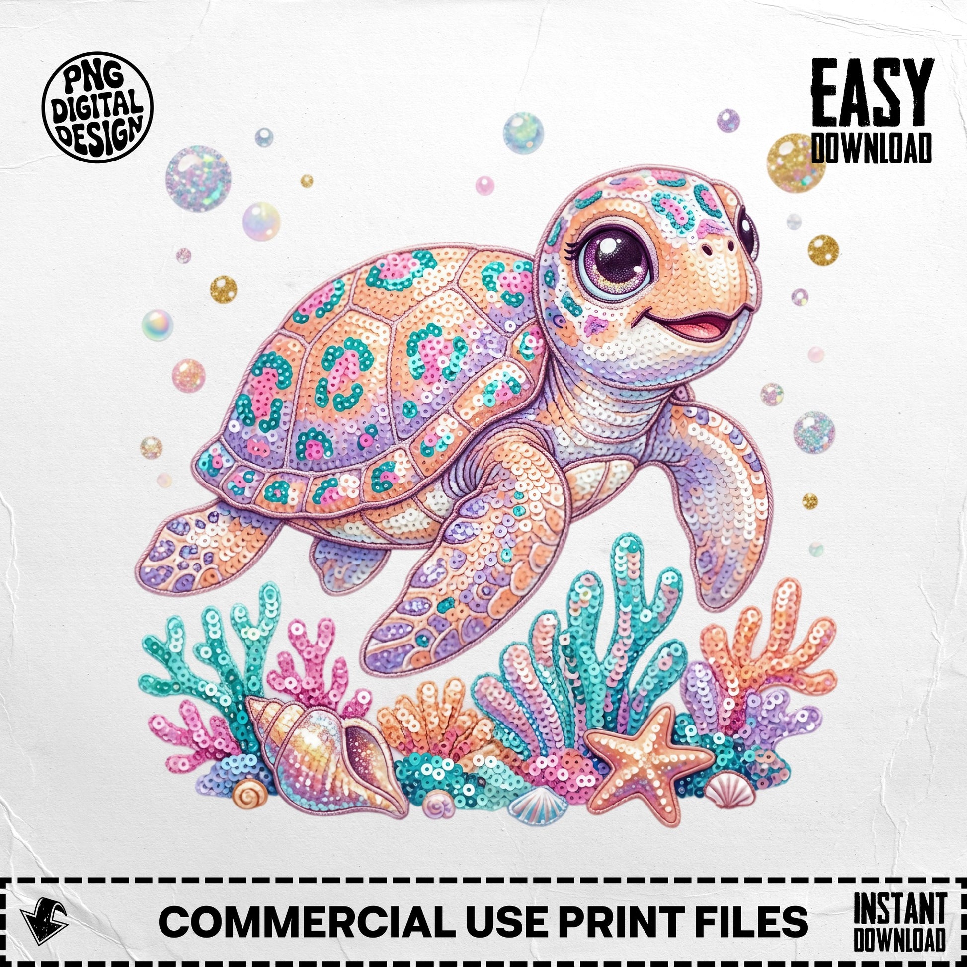Cute cartoon sea turtle with colorful sequins, coral, and seashell.