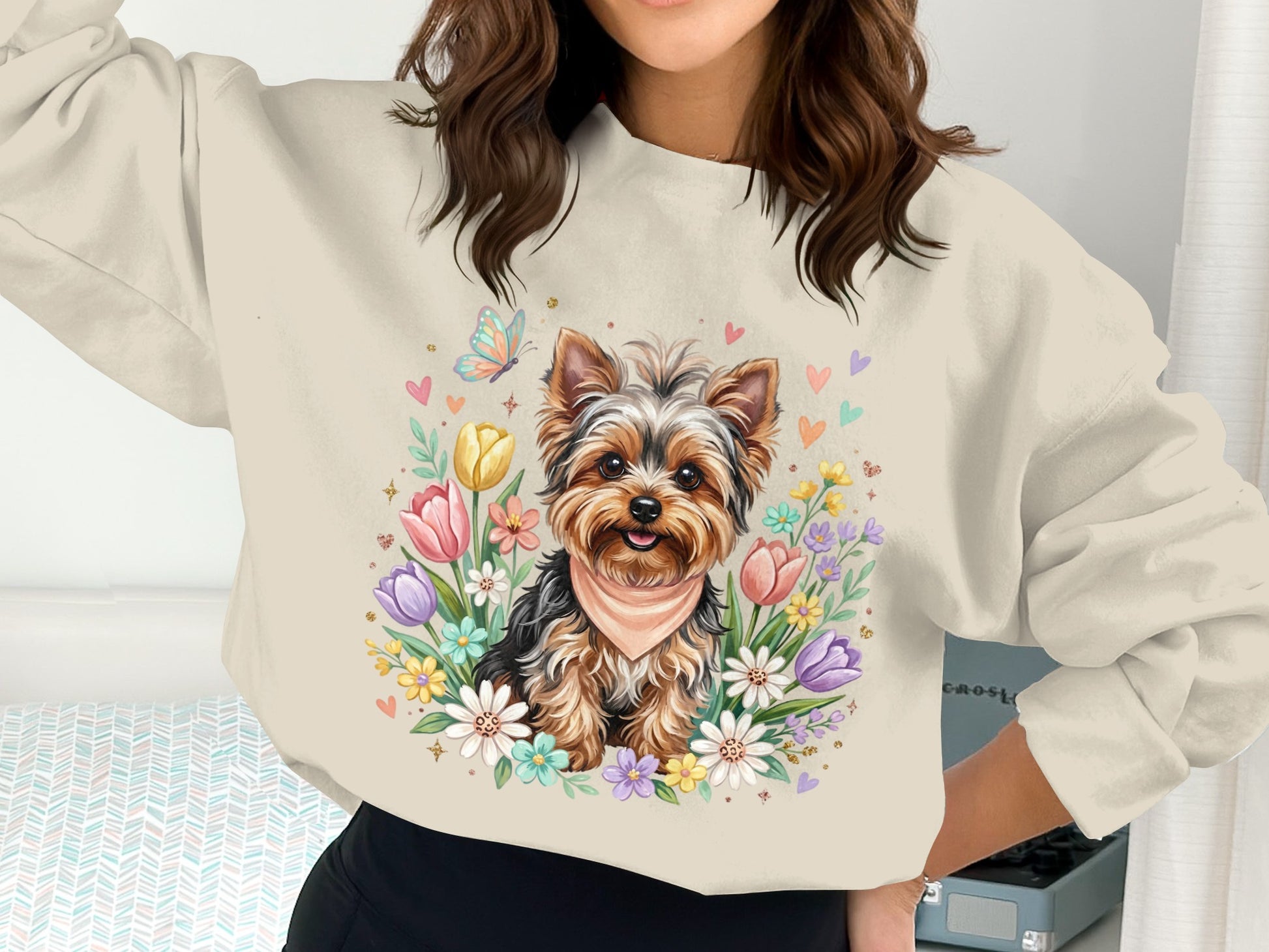 Yorkshire Terrier wearing bandana surrounded by flowers and butterflies.