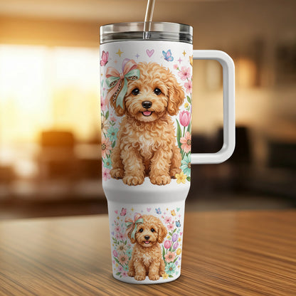 White tumbler with a cute puppy wearing a bow, surrounded by flowers and butterflies.