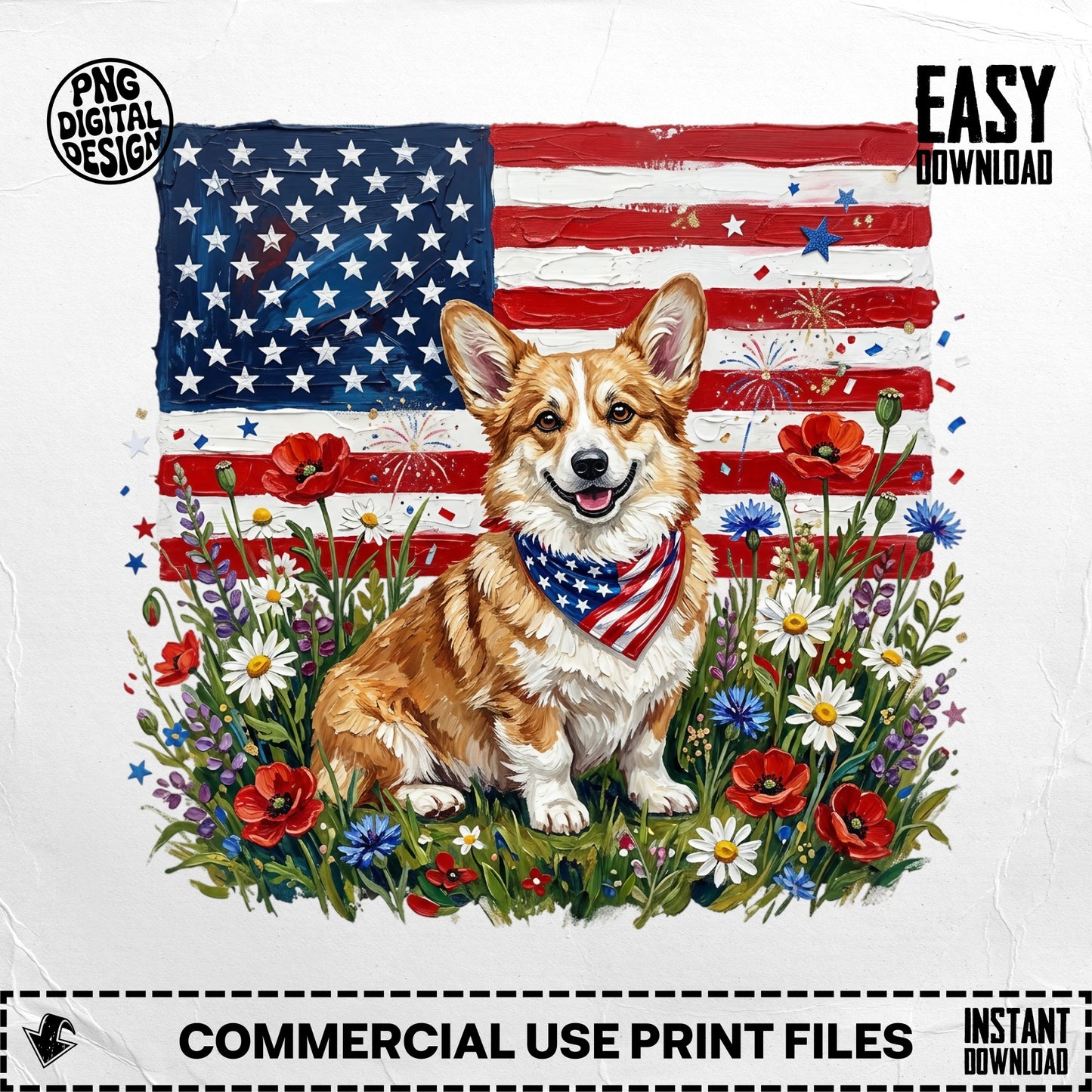 Happy corgi wearing bandana in front of American flag and flowers.