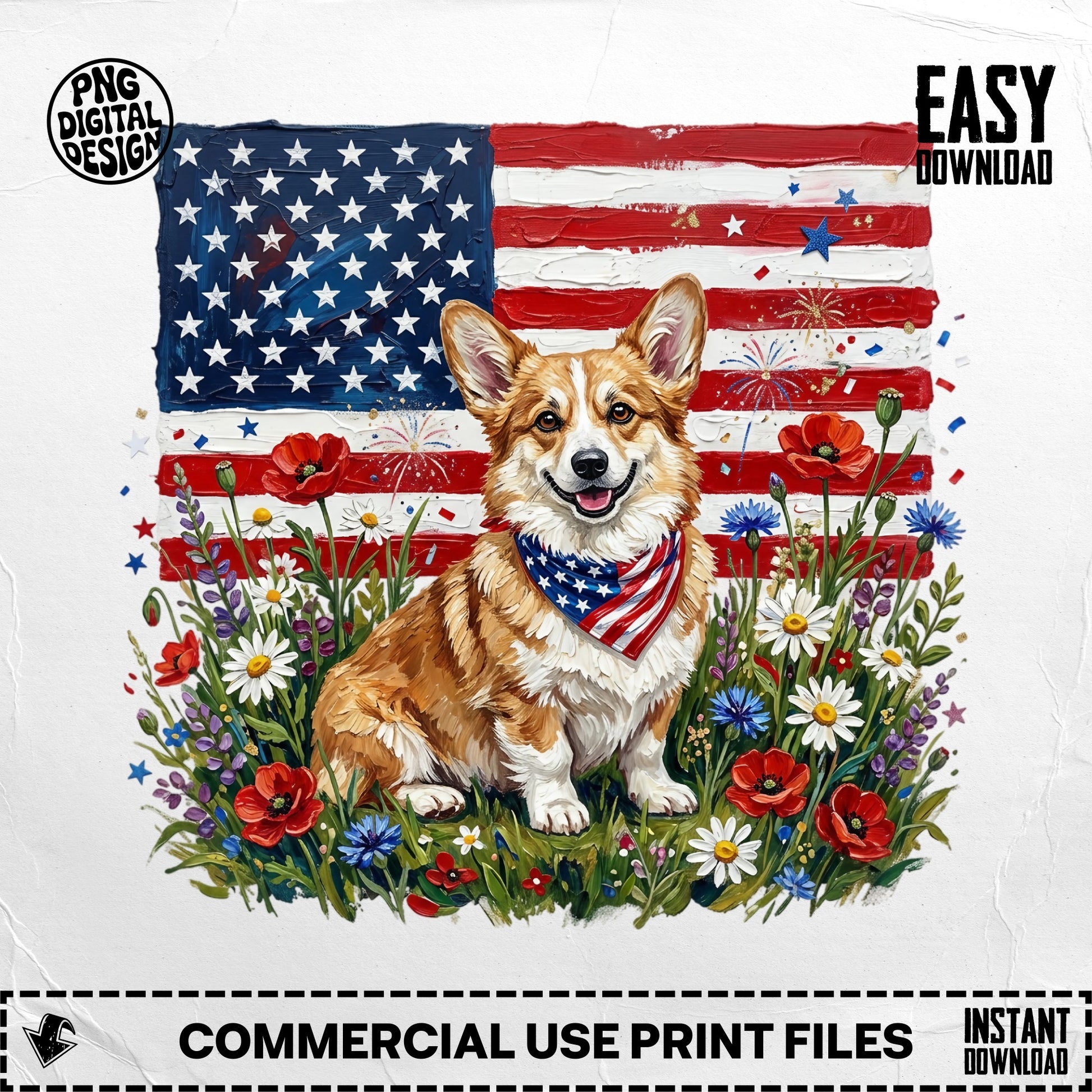 Happy corgi wearing bandana in front of American flag and flowers.