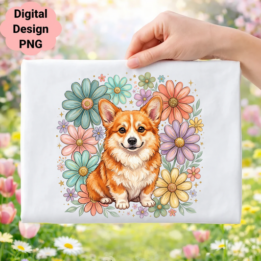 Corgi dog surrounded by colorful floral illustrations on a white background.