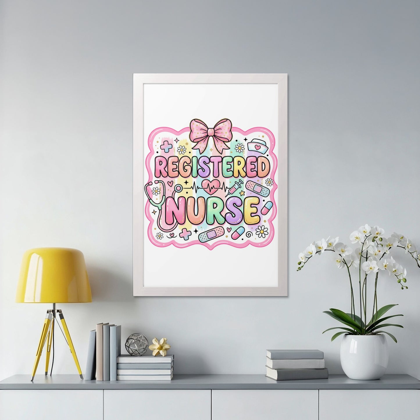 Registered Nurse pastel graphic with medical icons and bow.