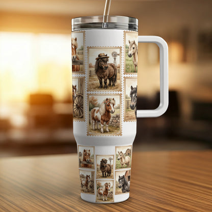 Tumbler featuring postage stamps with horse illustrations.