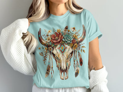 T-shirt with a decorated bull skull, feathers, and floral accents.
