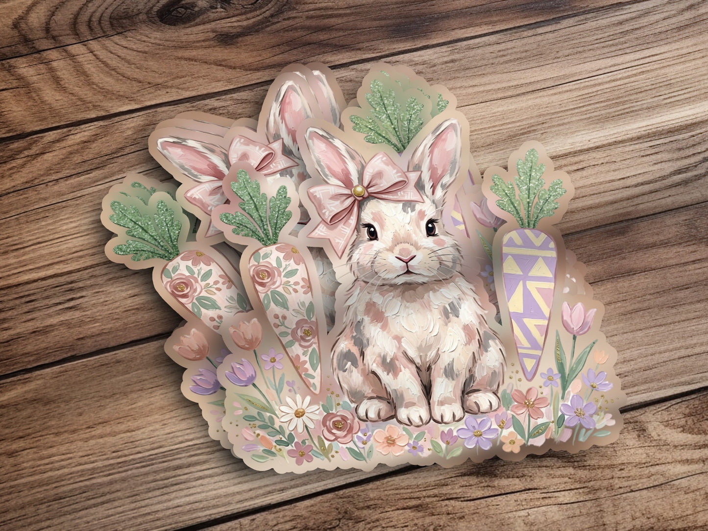 Cute bunny with pastel flowers, carrots, and bow.