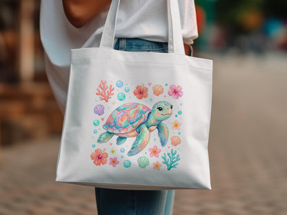 White tote bag with colorful cartoon sea turtle and ocean motifs.
