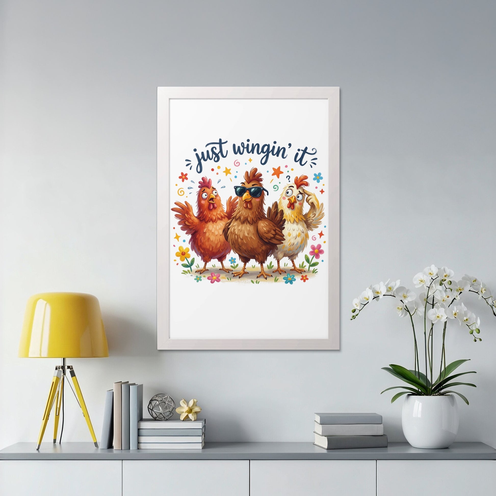Three cartoon chickens with sunglasses and sunglasses pose under a rainbow on a white framed print.
