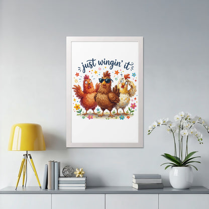 Three cartoon chickens with sunglasses and sunglasses pose under a rainbow on a white framed print.