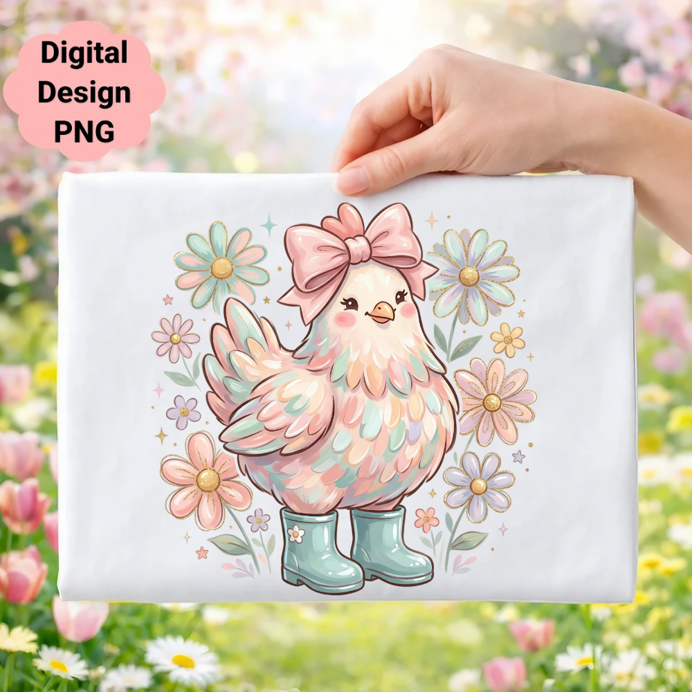 Cute cartoon chicken with boots and bow surrounded by flowers.