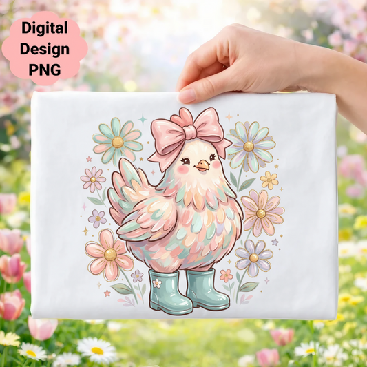 Cute cartoon chicken with boots and bow surrounded by flowers.