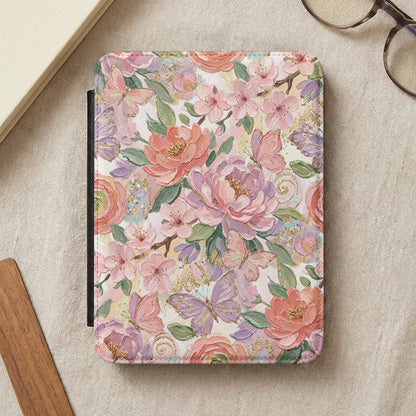 Floral pattern e-reader cover with butterflies and gold accents.