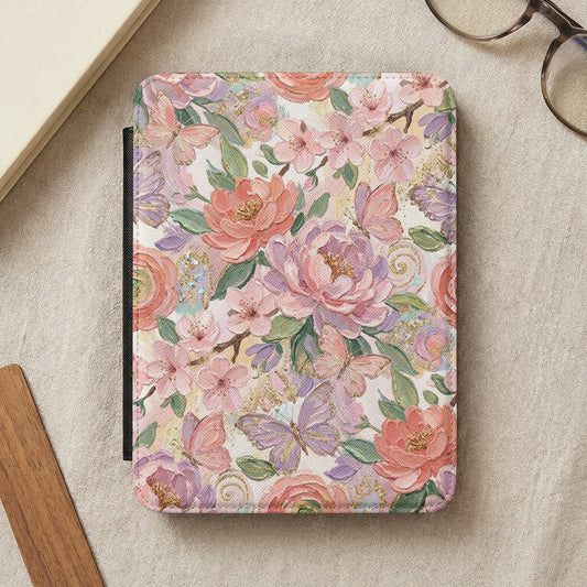 Floral pattern e-reader cover with butterflies and gold accents.