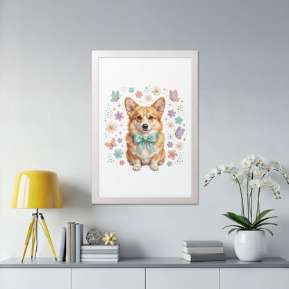Framed artwork of a cute corgi wearing a teal bow tie and surrounded by butterflies and flowers.