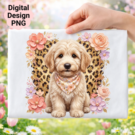 Fluffy goldendoodle puppy wearing a floral bandana, with floral accents.
