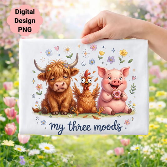 Three cartoon farm animals, highland cow, chicken, and pig, with text "my three moods".