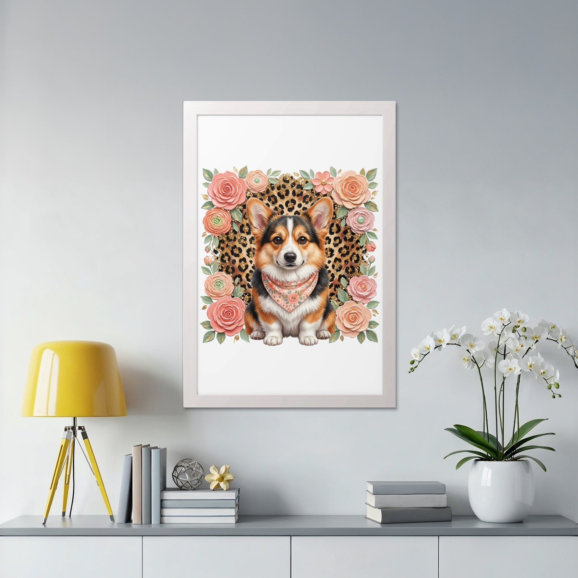 Framed artwork of a corgi wearing a bandana surrounded by flowers and leopard print.