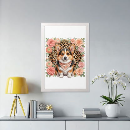 Framed artwork of a corgi wearing a bandana surrounded by flowers and leopard print.