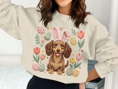 Brown dachshund wearing pink bunny ears, surrounded by Easter eggs and tulips.
