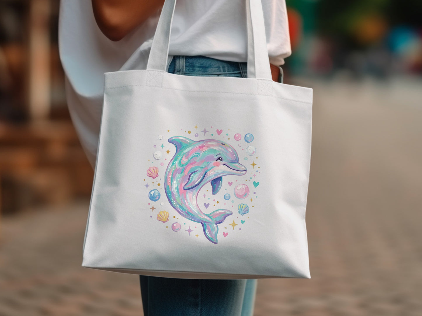 White canvas tote bag with iridescent dolphin and seashell illustration.
