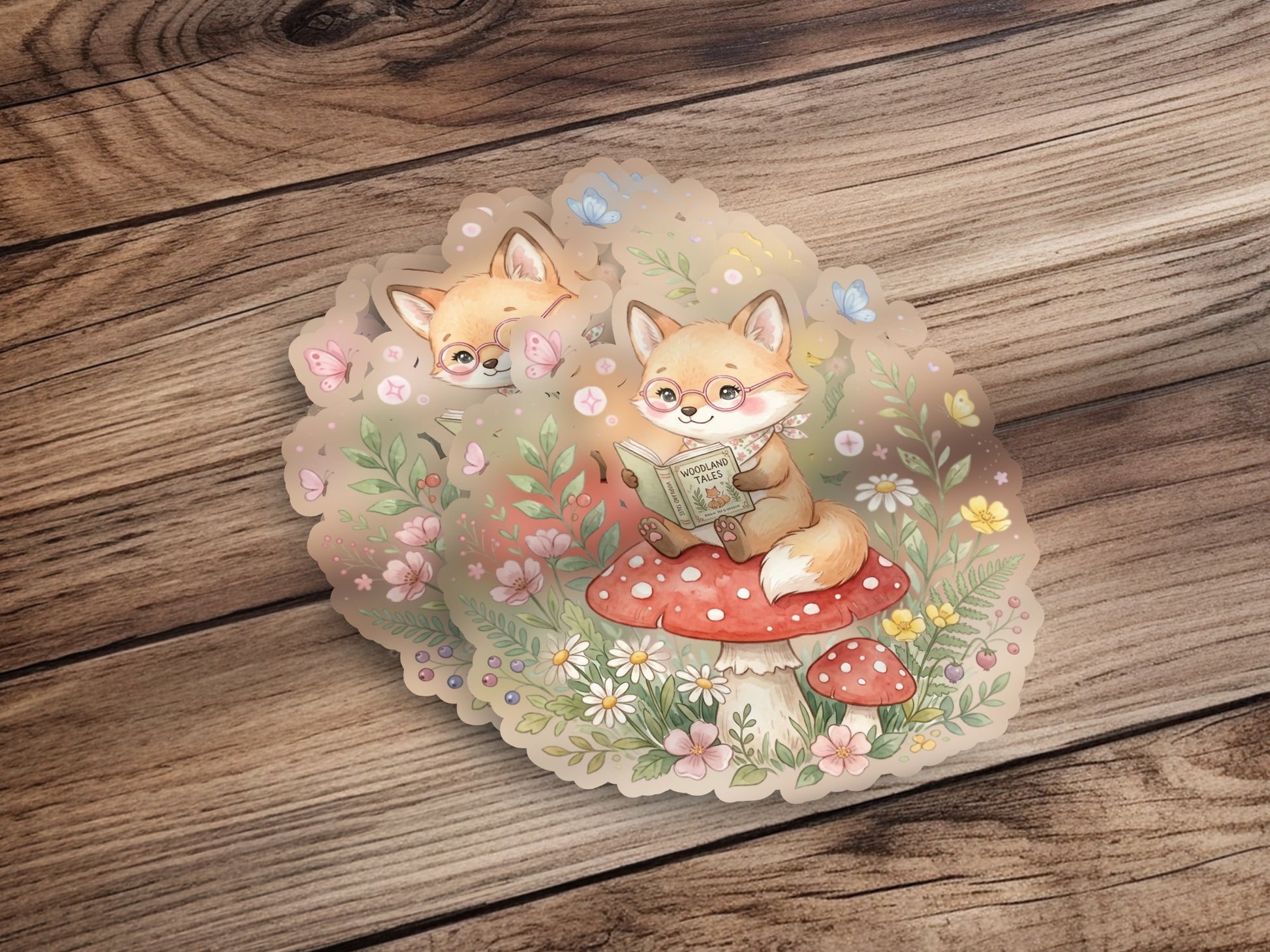 Cute fox reading a book on a mushroom surrounded by flowers.