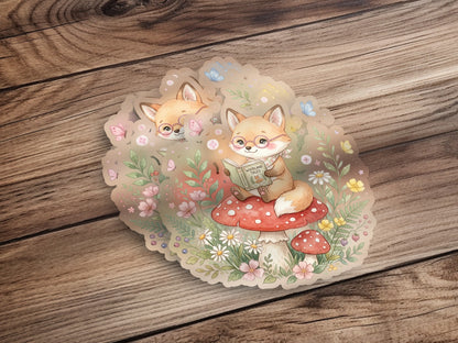 Cute fox reading a book on a mushroom surrounded by flowers.