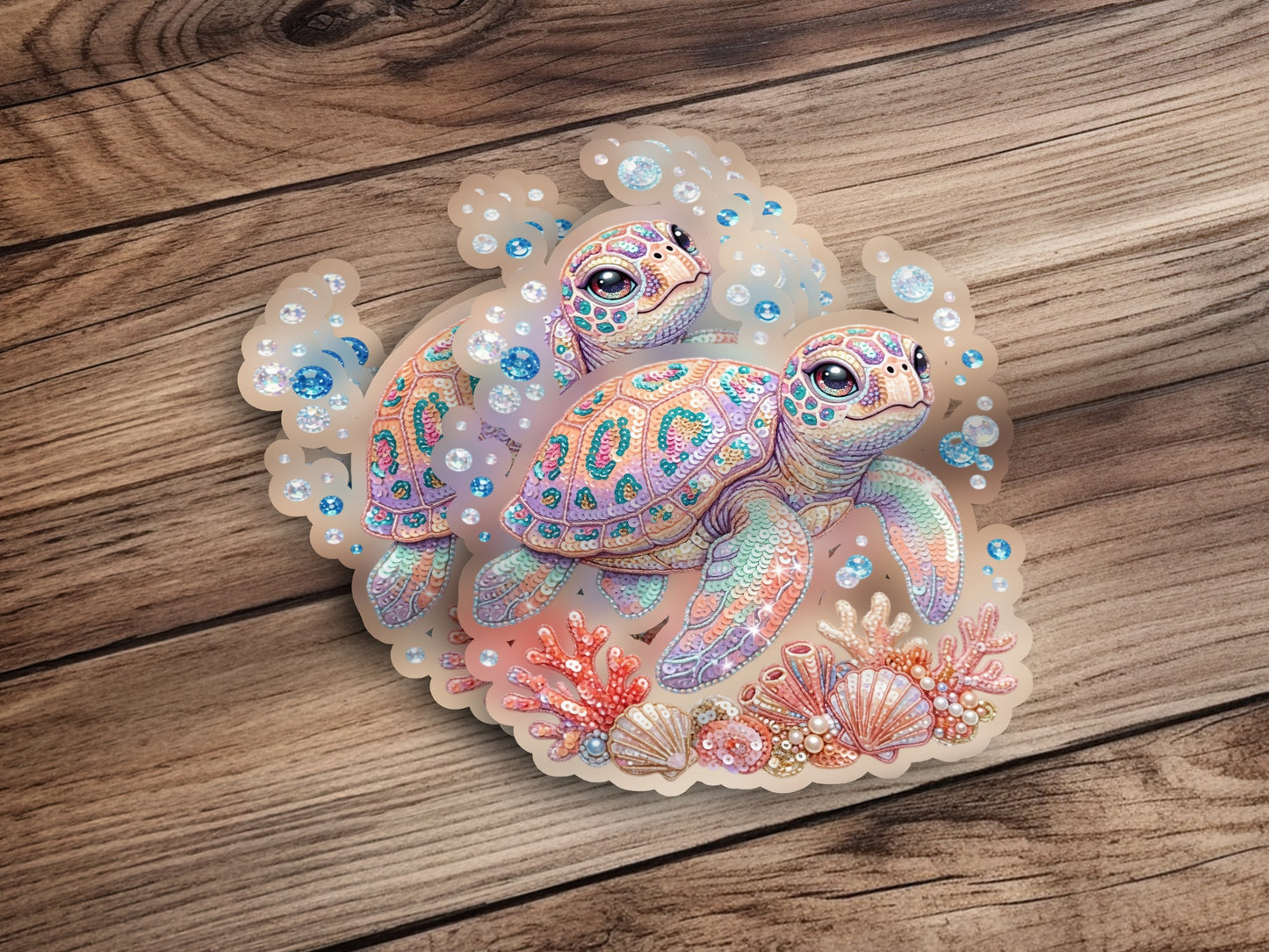Two colorful sea turtles swimming among coral and shells.