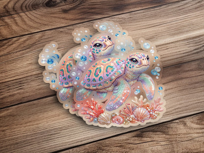 Two colorful sea turtles swimming among coral and shells.