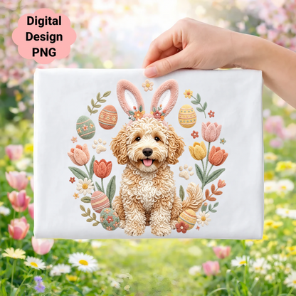 Fluffy dog in Easter wreath with eggs and flowers.