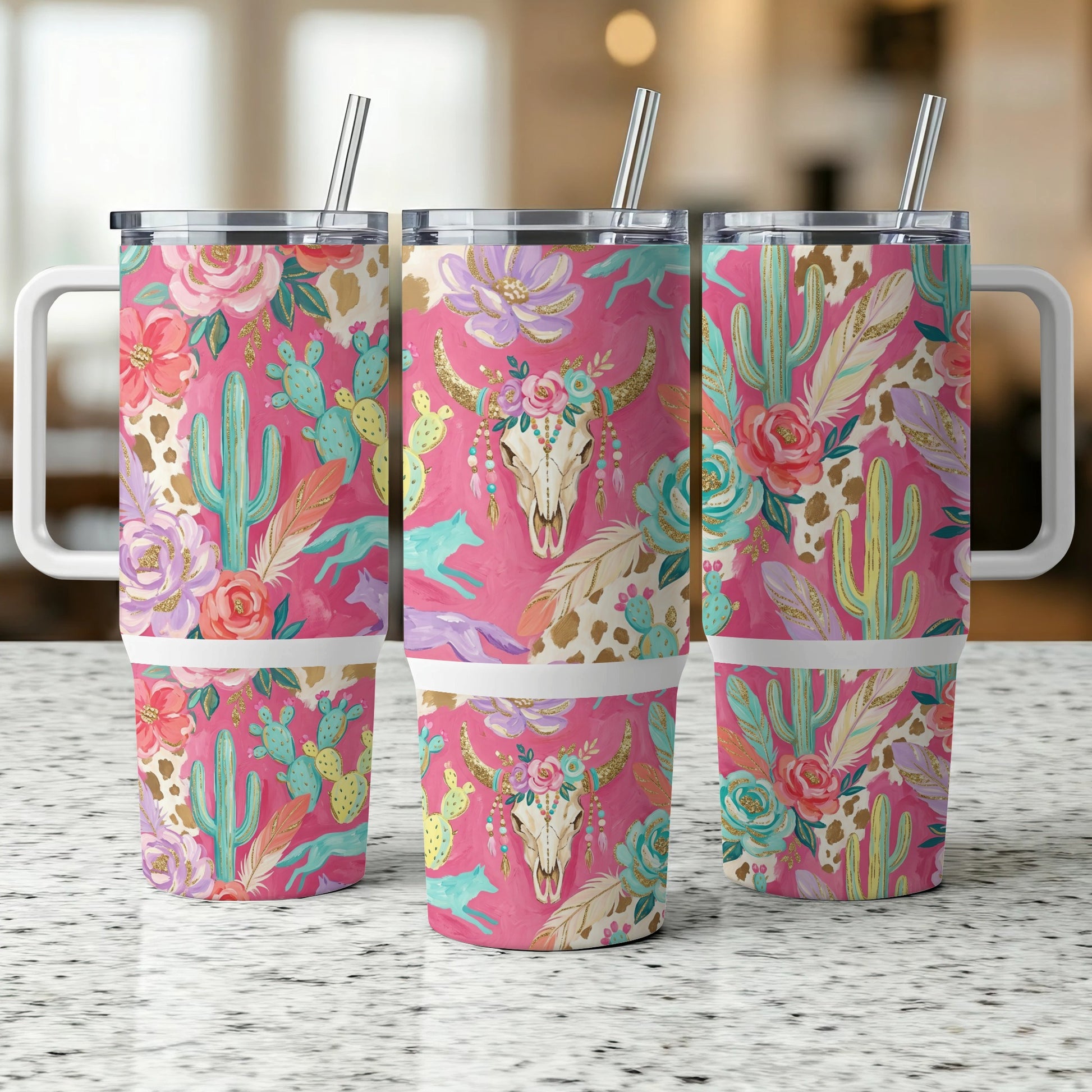 Pink floral and cactus pattern on three tumblers with animal skull and feathers.