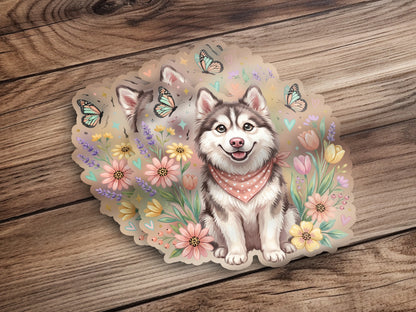 Husky with flowers and butterflies sticker, pink bandana.