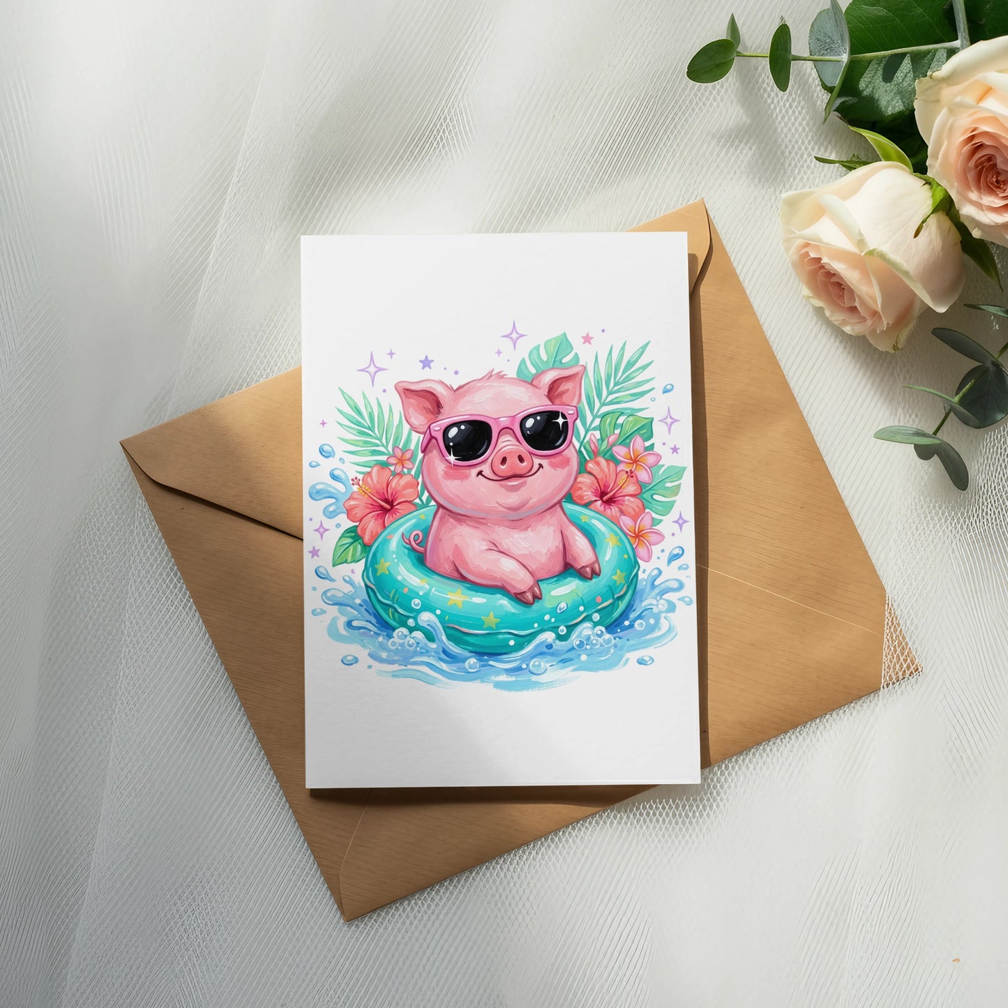 Cute pig in sunglasses floats in a pool on an inner tube.