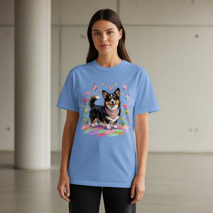Blue t-shirt with corgi wearing bandana, surrounded by flowers and butterflies.