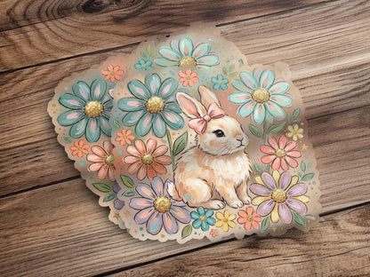 Easter bunny with bow and pastel flowers on wooden background.